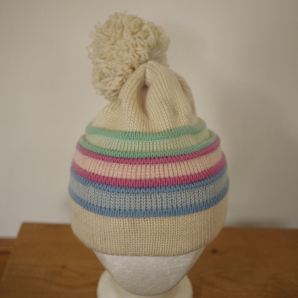 Vintage SMILEY Blue Purple Stripe 100% Wool Womens USA Ski Knit Cap Hat S-M